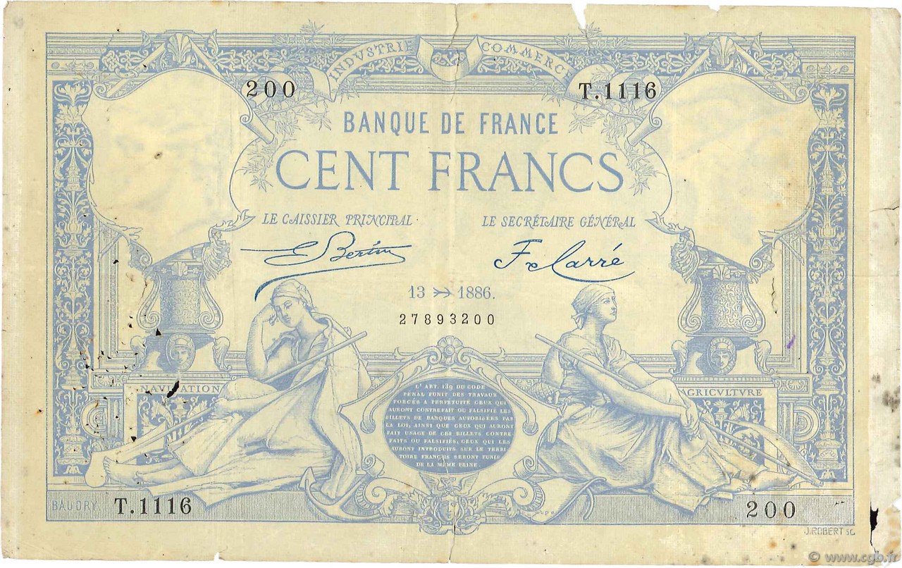 100 Francs type 1882 FRANCE  1886 F.A48.06 B+