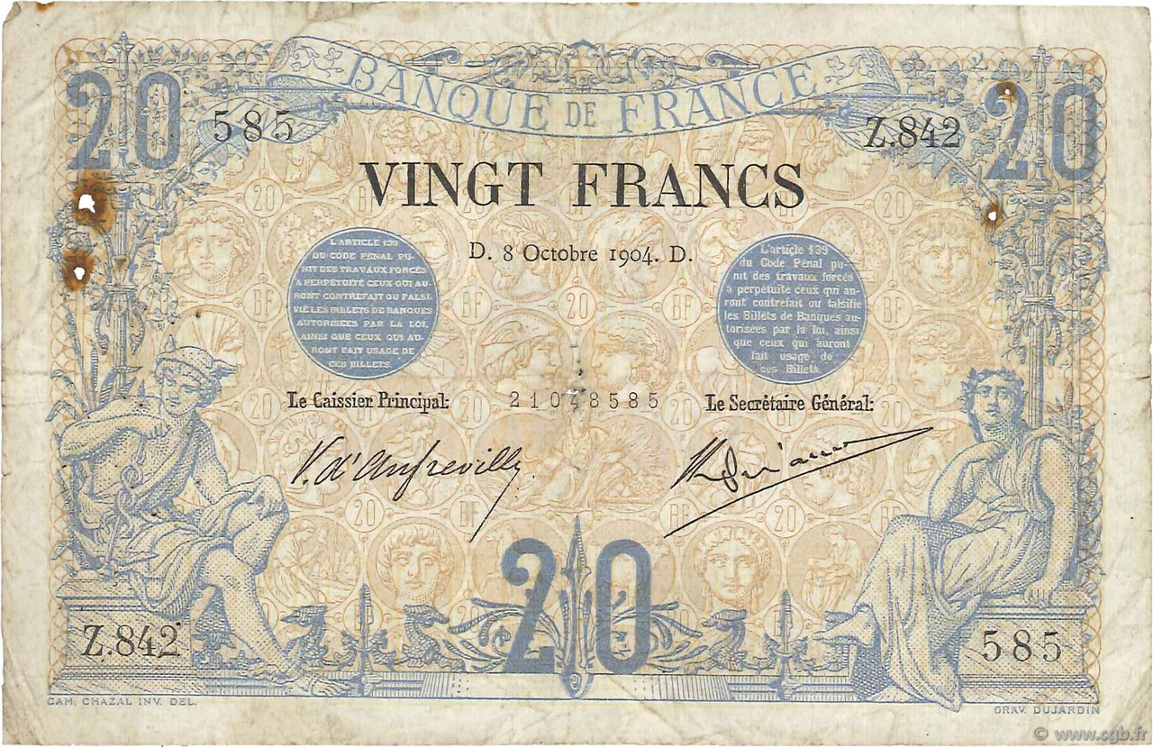 20 Francs NOIR FRANCE  1904 F.09.03 B à TB