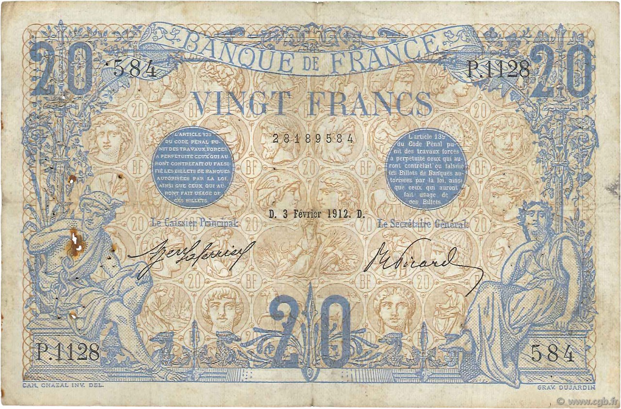 20 Francs BLEU FRANCE  1912 F.10.02 F+