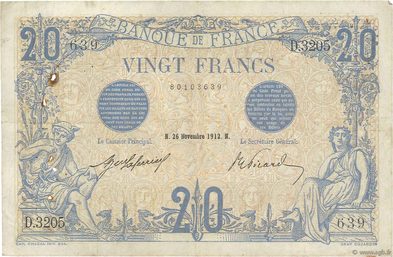 20 Francs BLEU FRANCE  1912 F.10.02 VF