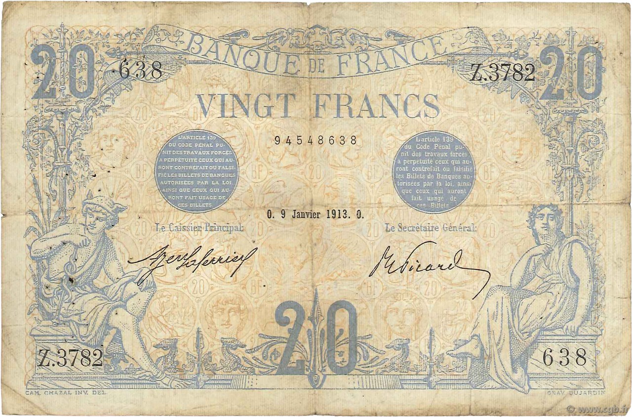 20 Francs BLEU FRANCE  1913 F.10.03 TB+
