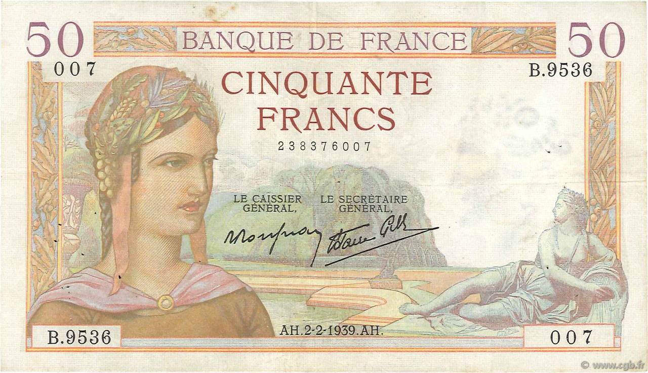 50 Francs CÉRÈS modifié FRANCE  1939 F.18.21 TTB