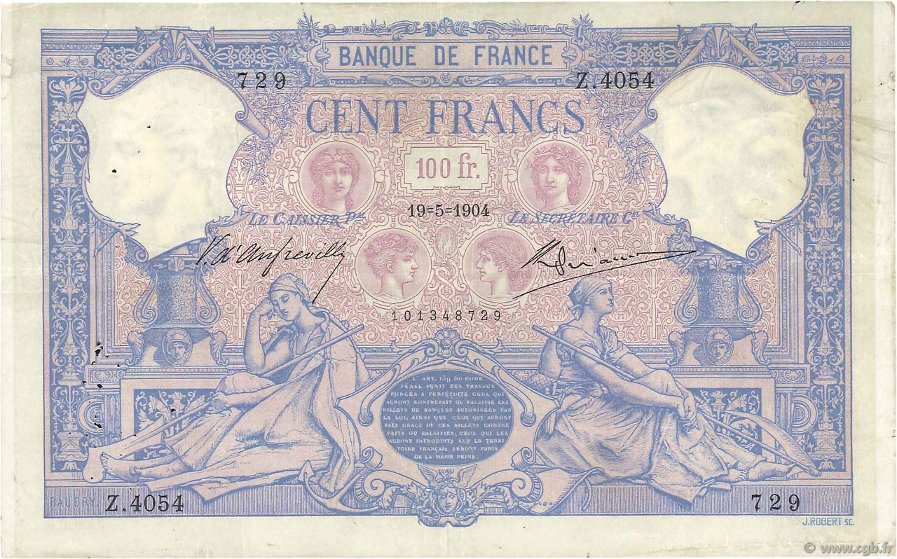 100 Francs BLEU ET ROSE FRANCE  1904 F.21.18 pr.TTB