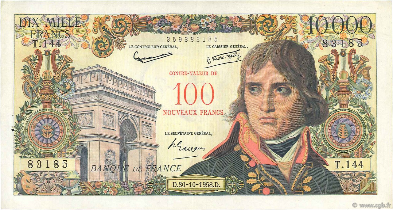 100 NF sur 10000 Francs BONAPARTE FRANCE  1958 F.55.01 pr.SUP