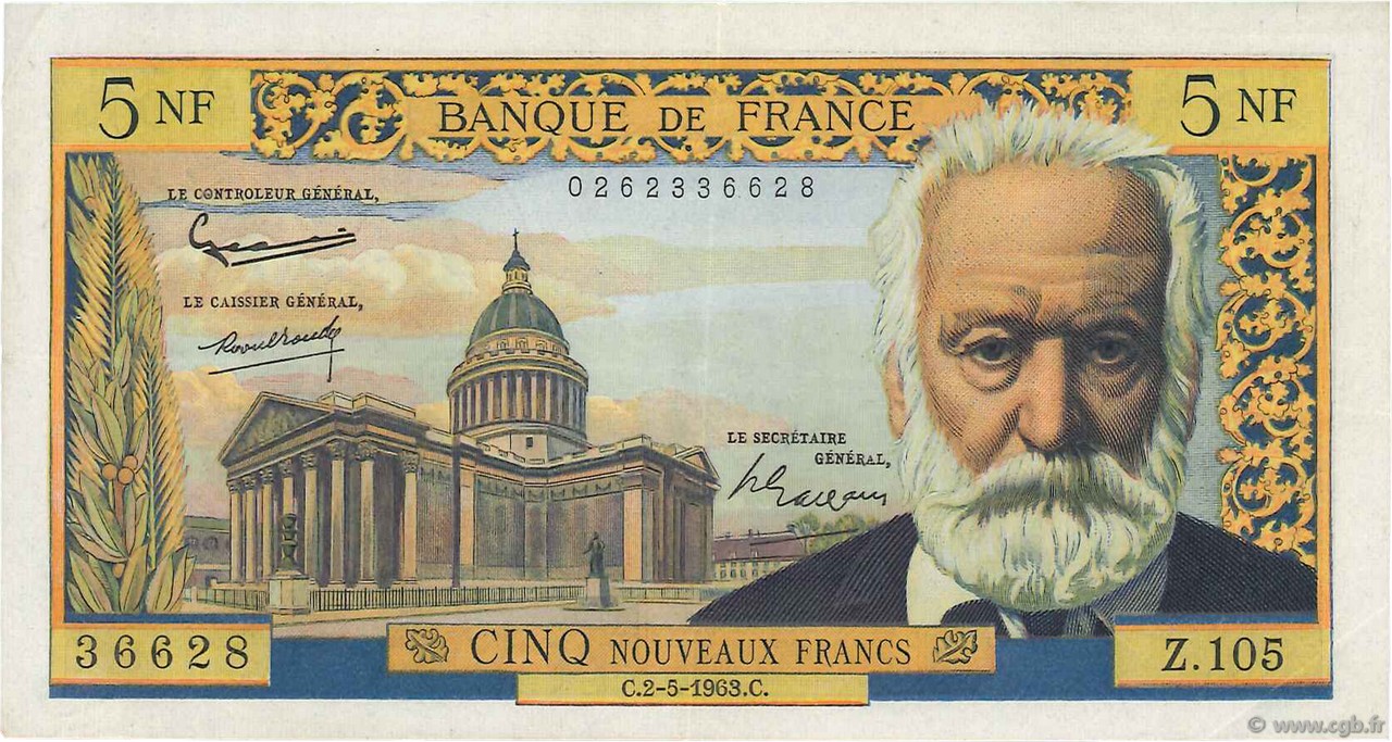 5 Nouveaux Francs VICTOR HUGO FRANKREICH  1963 F.56.14 VZ