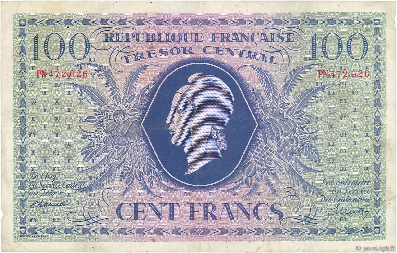 100 Francs MARIANNE FRANCE  1943 VF.06.01g TTB