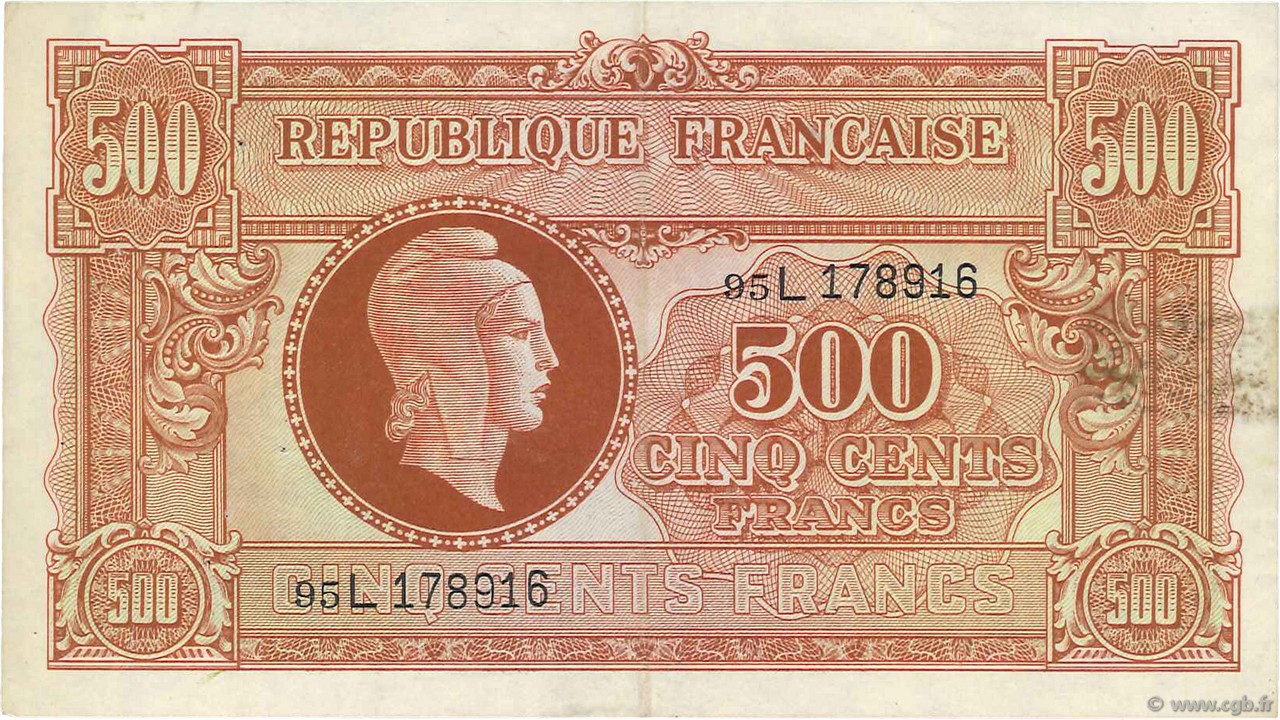 500 Francs MARIANNE fabrication anglaise FRANCE  1945 VF.11.01 TTB+