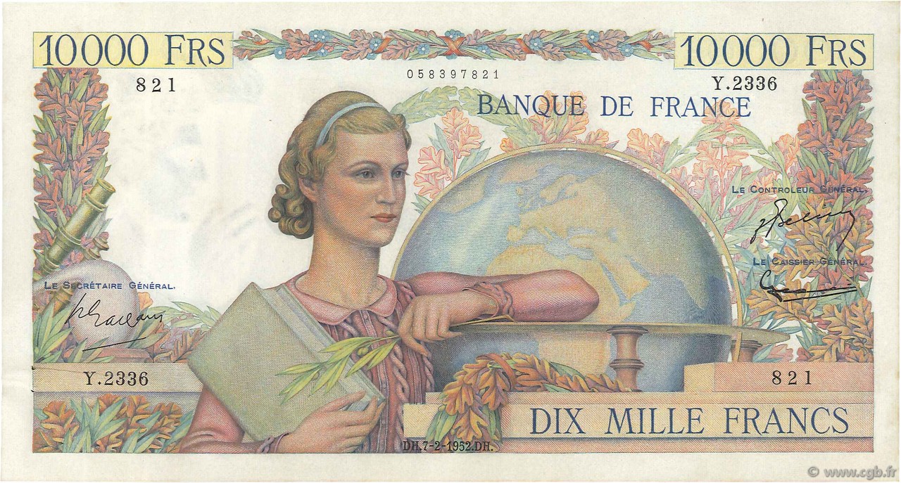10000 Francs GÉNIE FRANÇAIS FRANCE  1952 F.50.56 pr.SPL