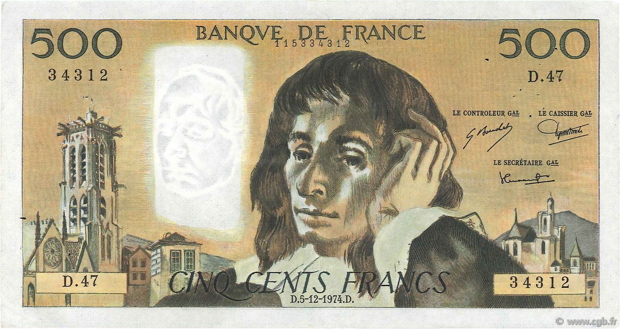 500 Francs PASCAL FRANCE  1974 F.71.12 VF