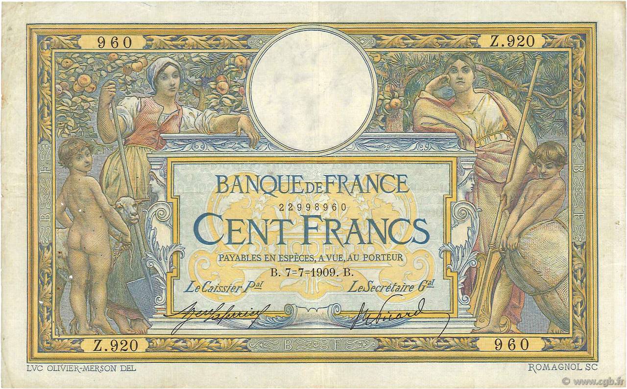 100 Francs LUC OLIVIER MERSON sans LOM FRANCE  1909 F.23.01 pr.TTB
