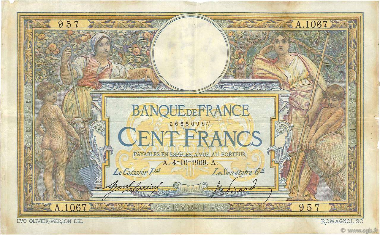 100 Francs LUC OLIVIER MERSON sans LOM FRANCE  1909 F.23.01 pr.TTB