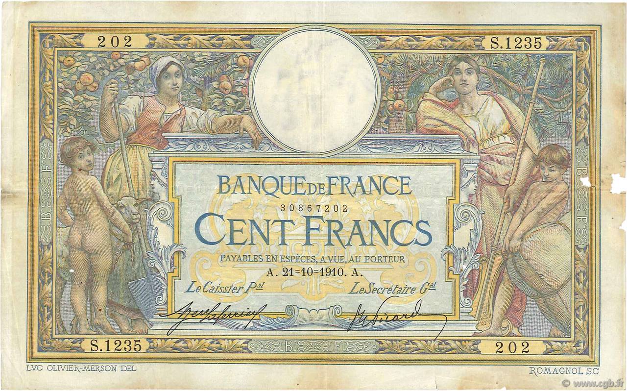 100 Francs LUC OLIVIER MERSON sans LOM FRANCE  1910 F.23.02 pr.TTB