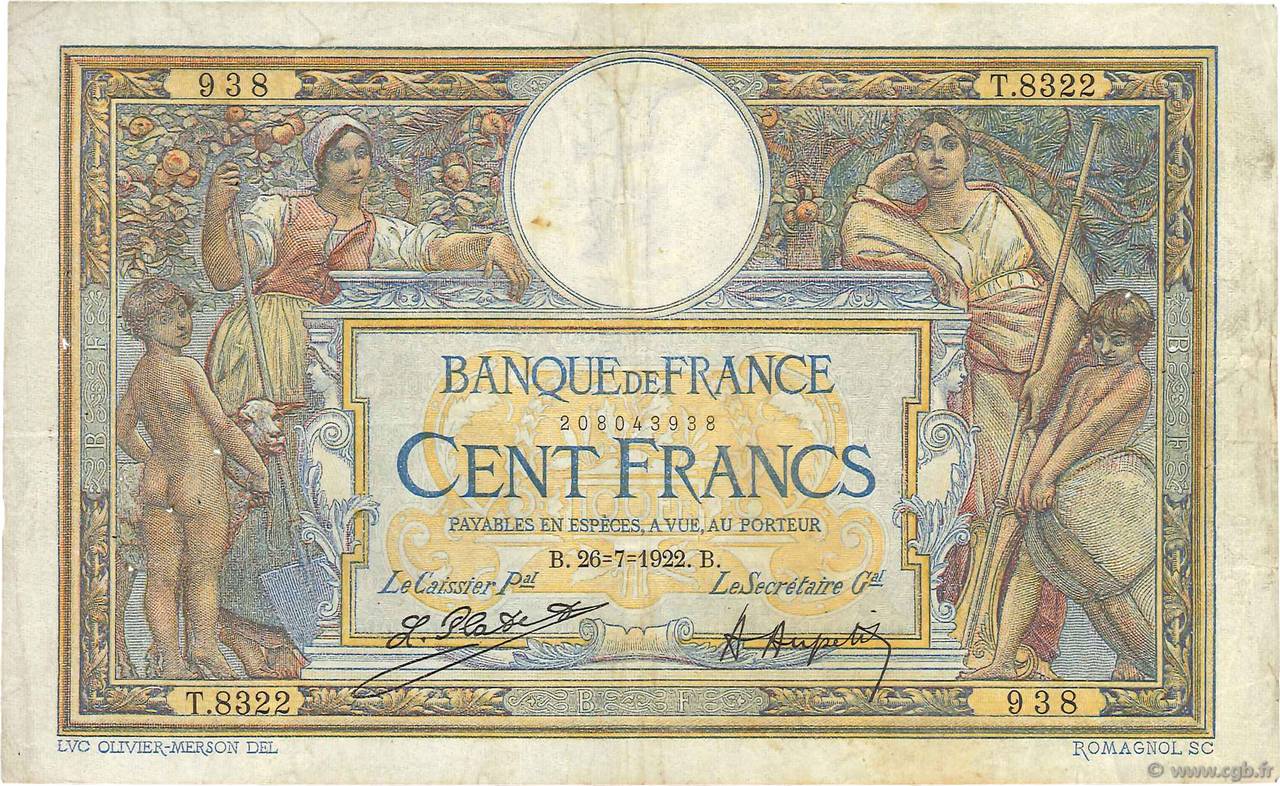 100 Francs LUC OLIVIER MERSON sans LOM FRANCE  1922 F.23.15 TB+