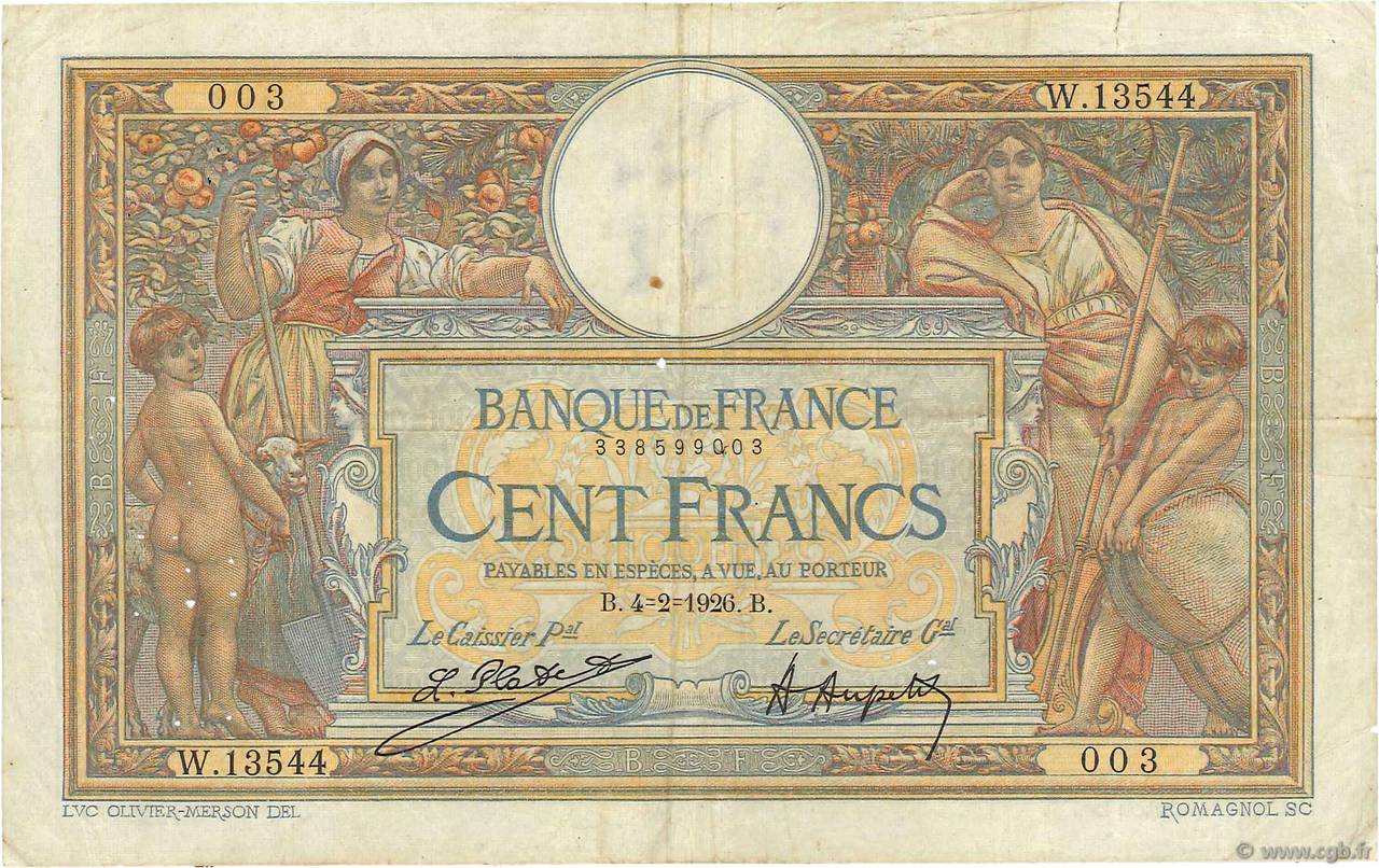 100 Francs LUC OLIVIER MERSON grands cartouches FRANCE  1926 F.24.04 F+