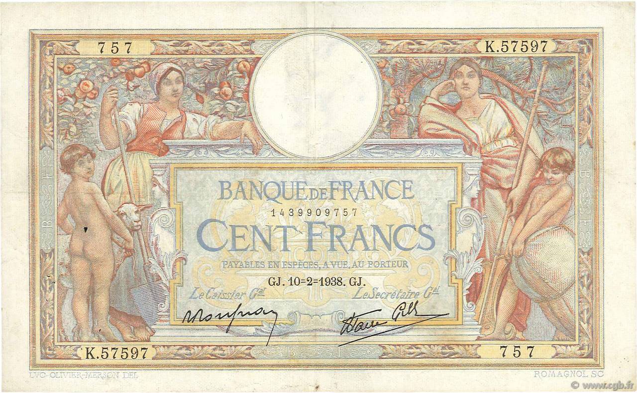100 Francs LUC OLIVIER MERSON type modifié FRANCE  1938 F.25.10 VF