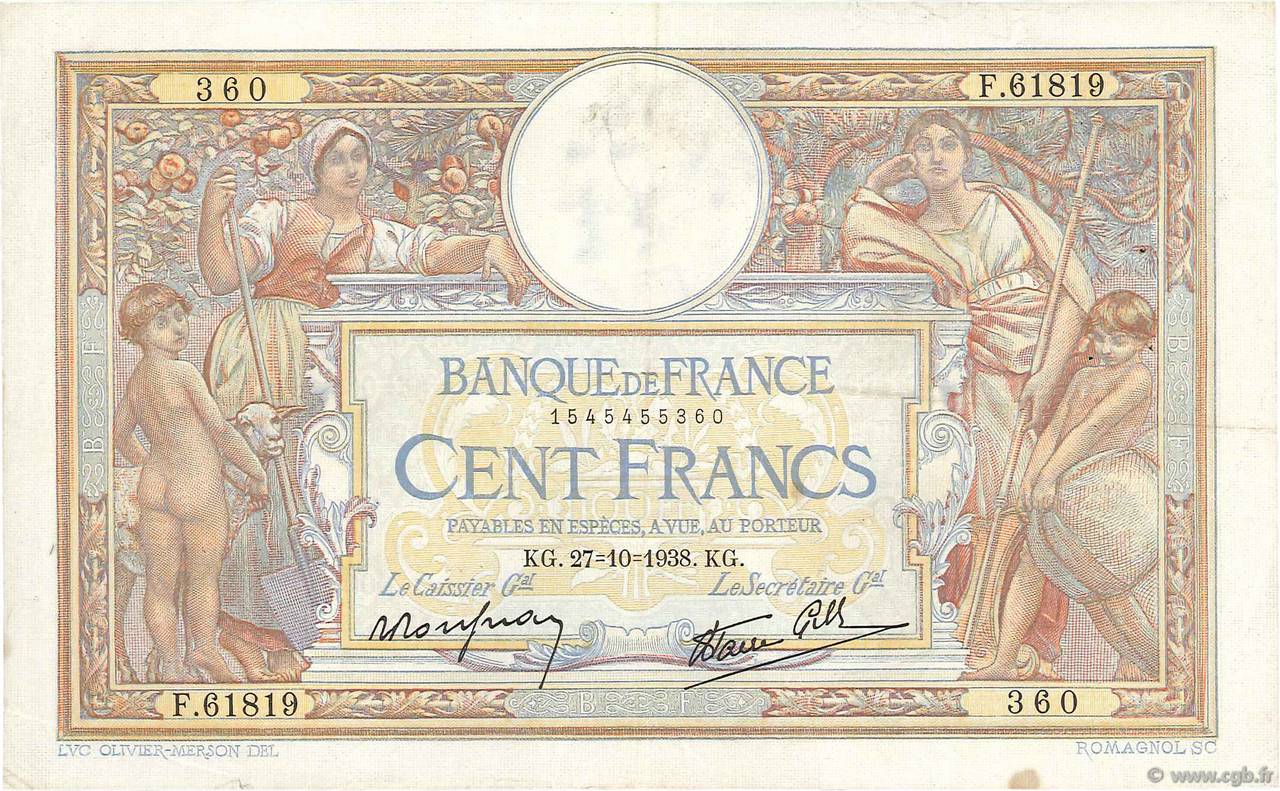100 Francs LUC OLIVIER MERSON type modifié FRANCE  1938 F.25.33 VF