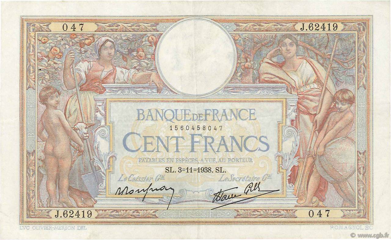 100 Francs LUC OLIVIER MERSON type modifié FRANCE  1938 F.25.34 VF+