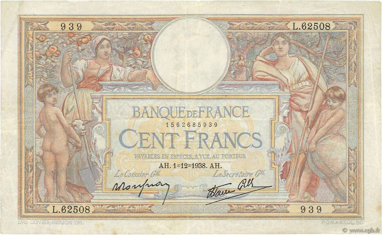 100 Francs LUC OLIVIER MERSON type modifié FRANCE  1938 F.25.35 TTB