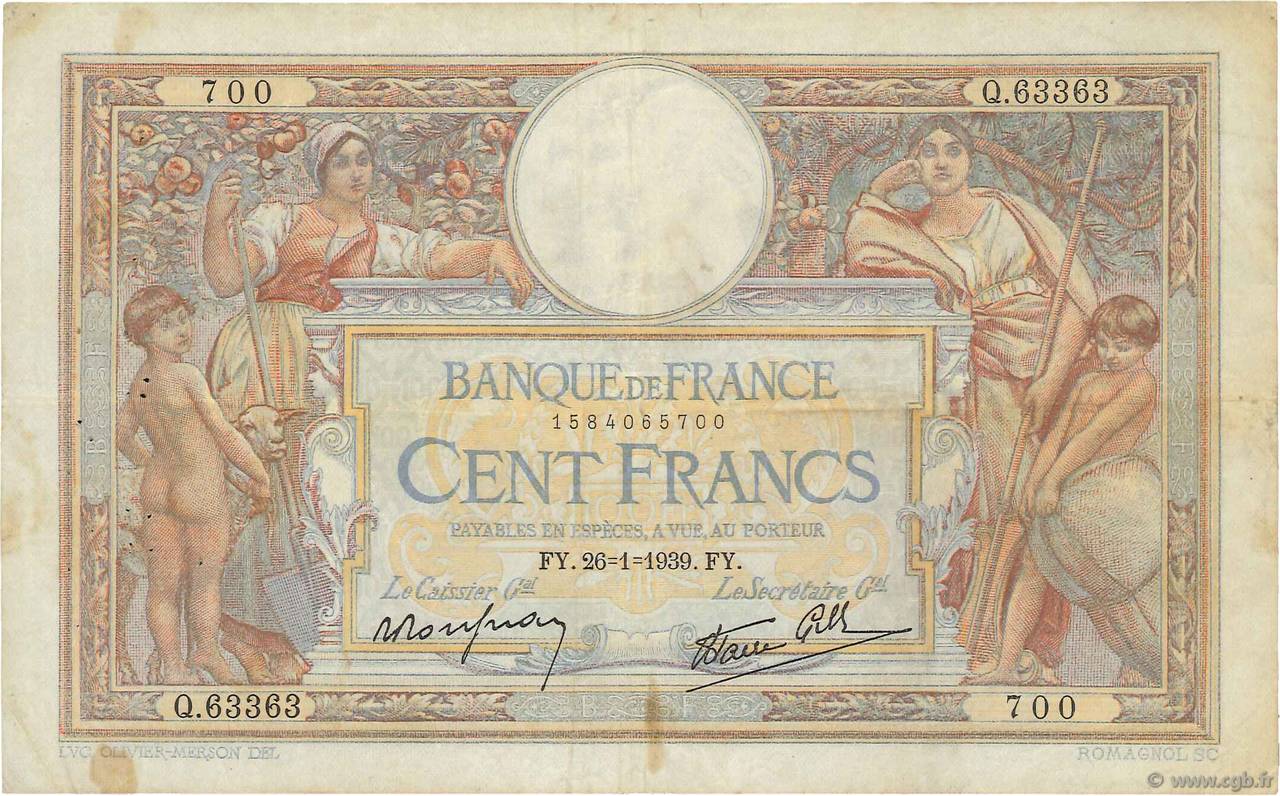 100 Francs LUC OLIVIER MERSON type modifié FRANCE  1939 F.25.40 TB