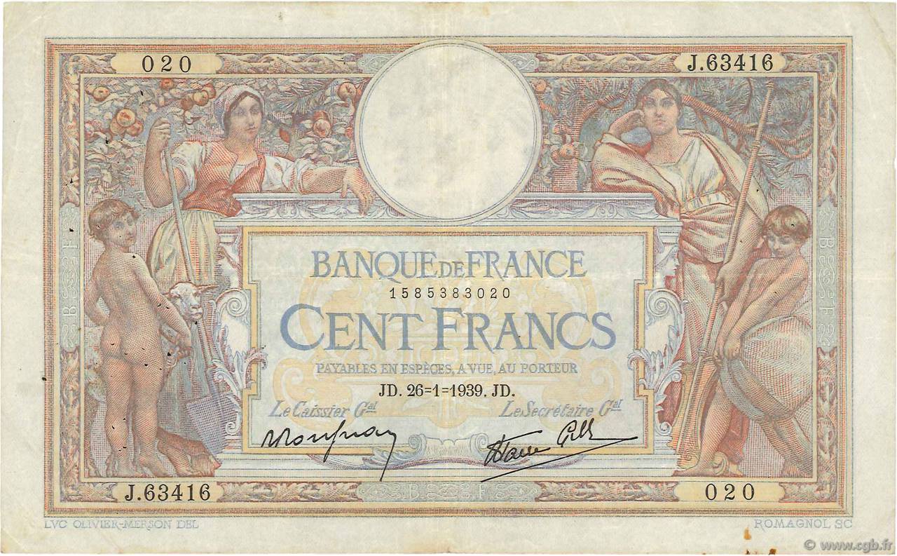 100 Francs LUC OLIVIER MERSON type modifié FRANCE  1939 F.25.40 TB+