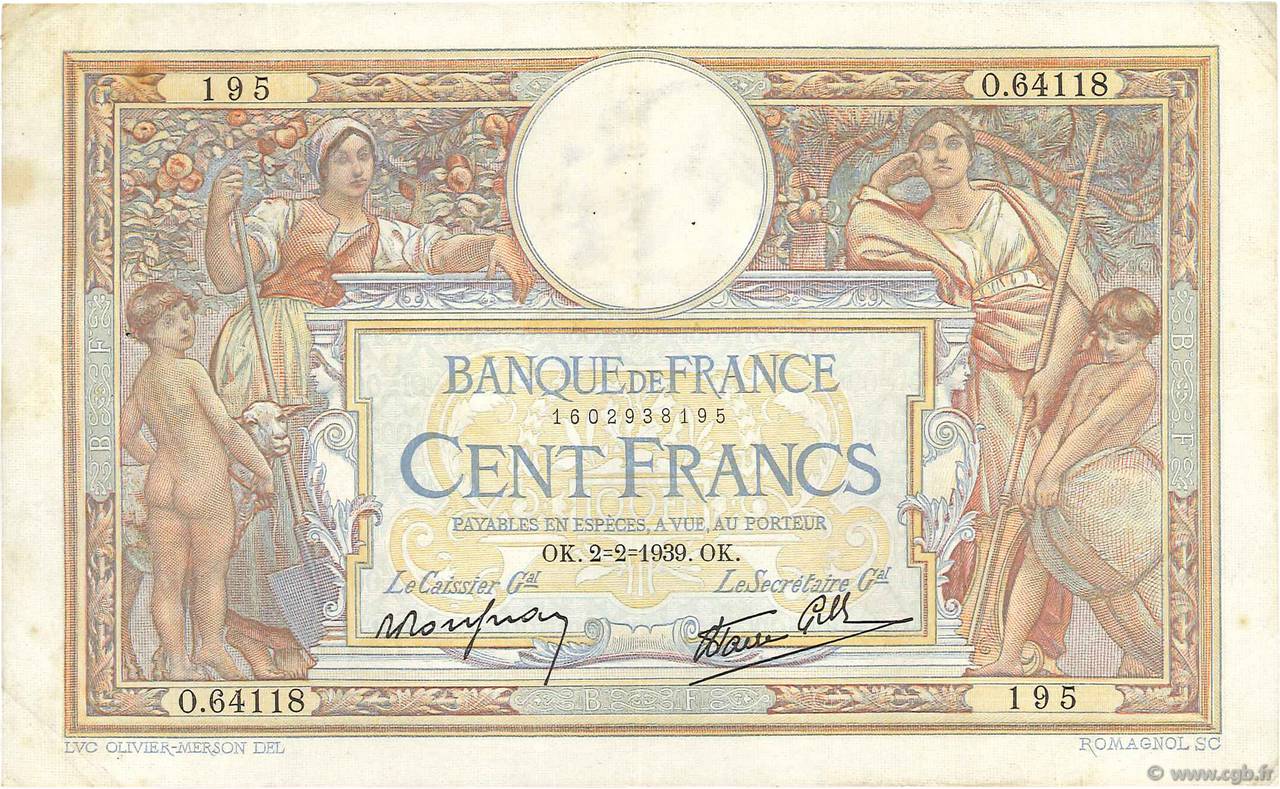 100 Francs LUC OLIVIER MERSON type modifié FRANCE  1939 F.25.41 TB à TTB