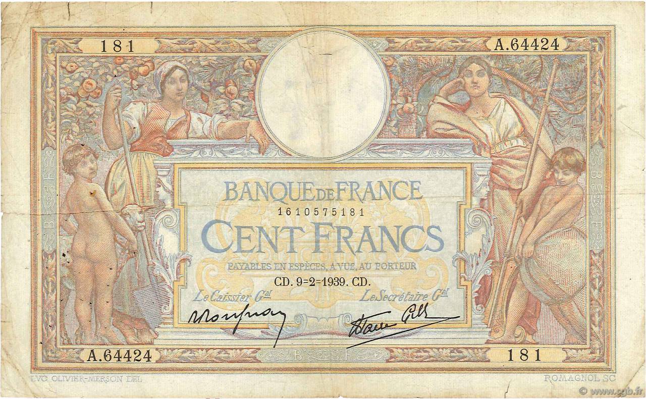 100 Francs LUC OLIVIER MERSON type modifié FRANCE  1939 F.25.42 B