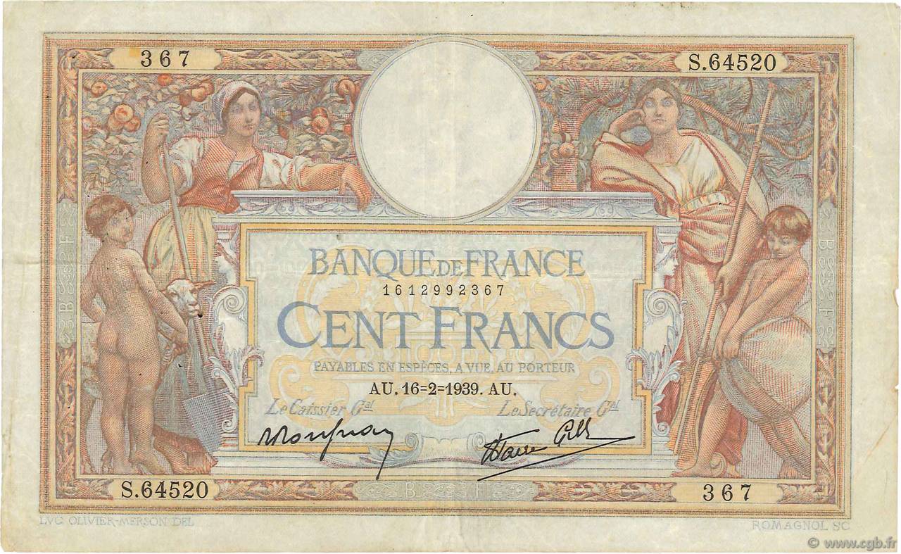 100 Francs LUC OLIVIER MERSON type modifié FRANCE  1939 F.25.43 F+