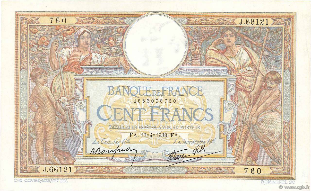100 Francs LUC OLIVIER MERSON type modifié FRANCE  1939 F.25.46 SUP