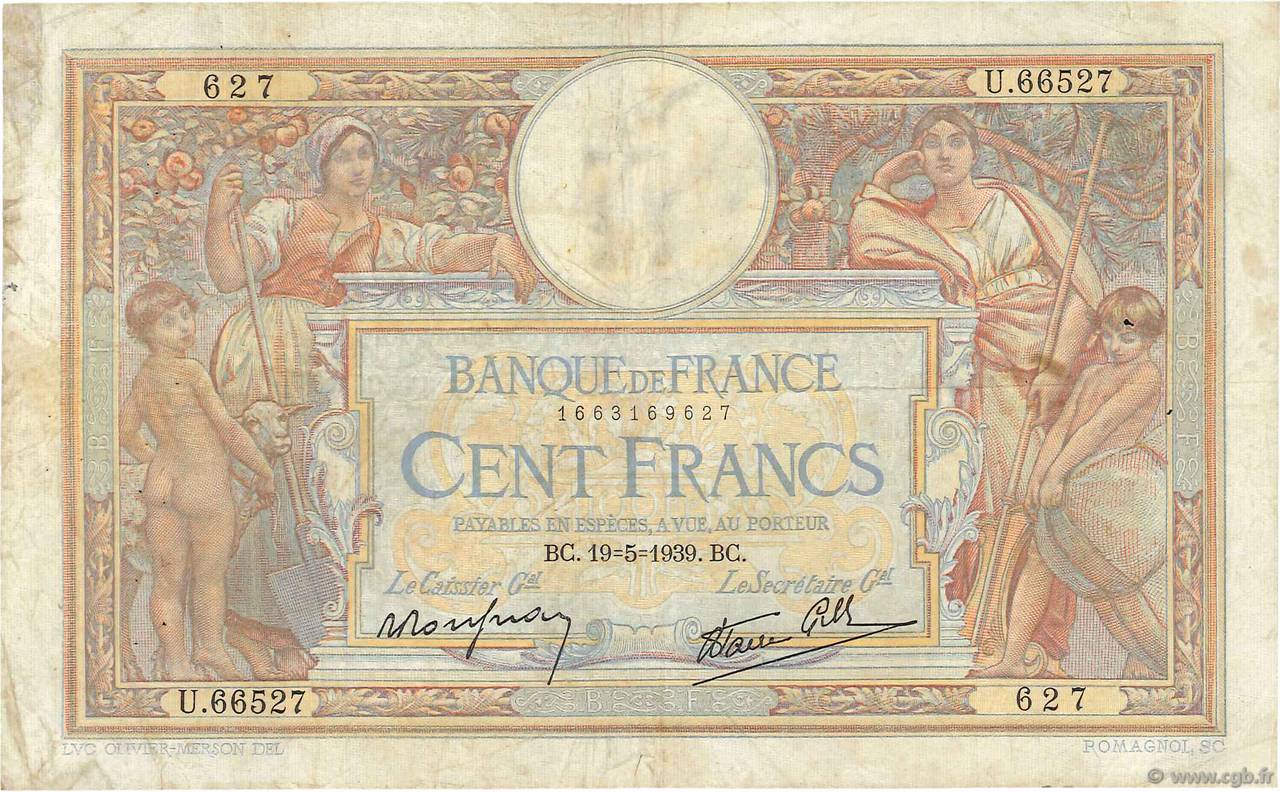 100 Francs LUC OLIVIER MERSON type modifié FRANCE  1939 F.25.47 TB