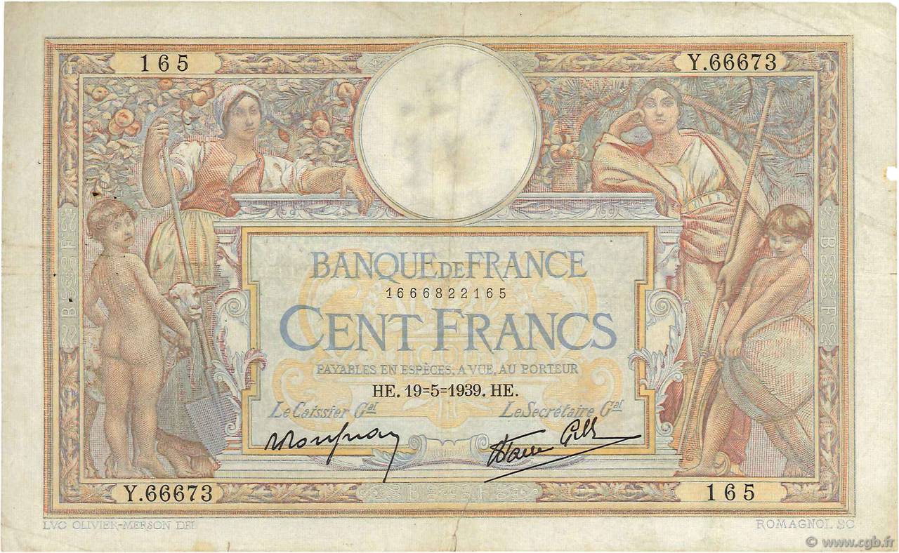 100 Francs LUC OLIVIER MERSON type modifié FRANCE  1939 F.25.47 F