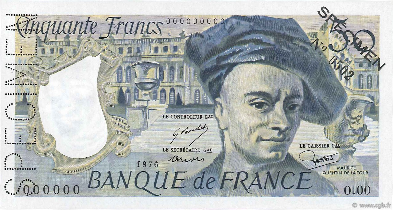 50 Francs QUENTIN DE LA TOUR Spécimen FRANCE  1976 F.67.01Spn pr.SPL