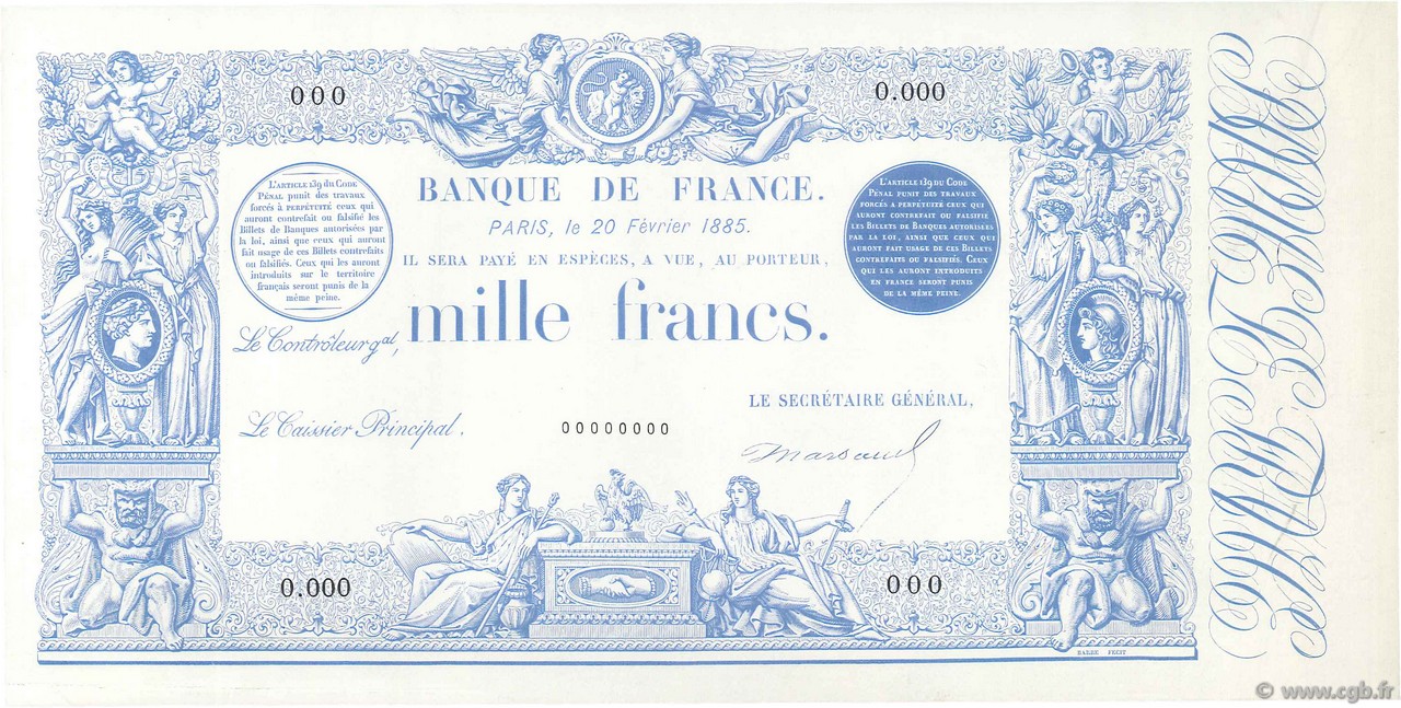 1000 Francs 1862 indices noirs modifié Épreuve FRANCE  1885 F.A50.00 pr.NEUF