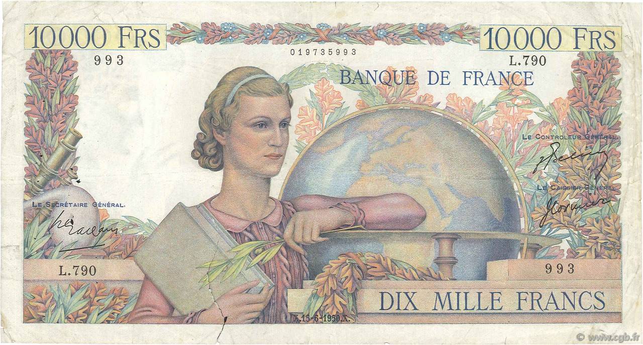 10000 Francs GÉNIE FRANÇAIS FRANCE  1950 F.50.33 TB