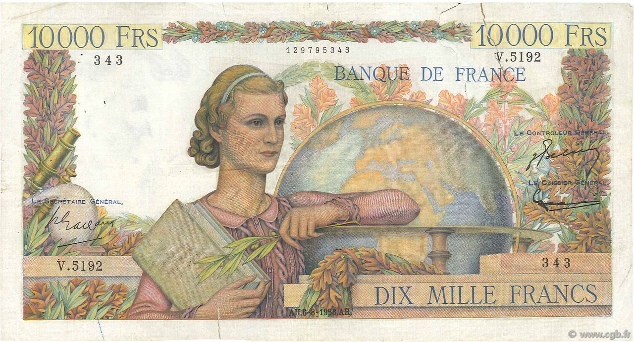 10000 Francs GÉNIE FRANÇAIS FRANCE  1953 F.50.67 pr.TB