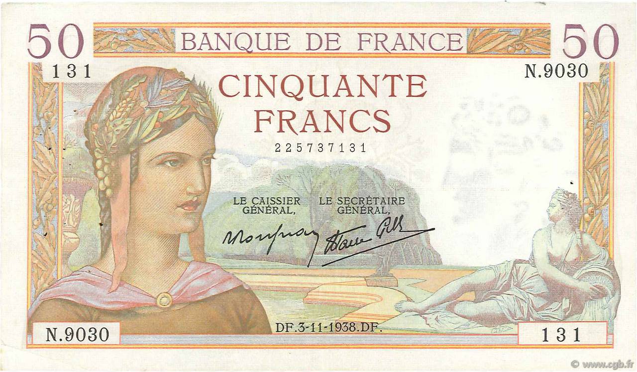 50 Francs CÉRÈS modifié FRANCE  1938 F.18.18 TTB