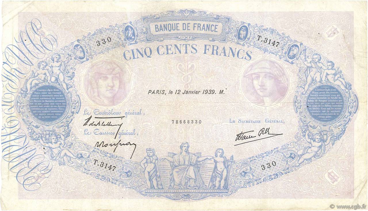500 Francs BLEU ET ROSE modifié FRANCE  1939 F.31.22 TTB