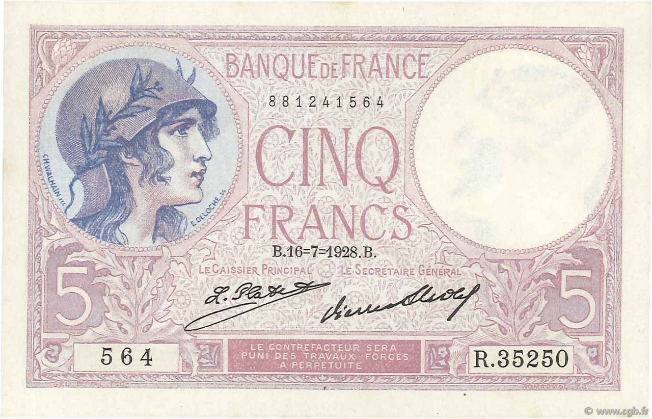 5 Francs FEMME CASQUÉE FRANCE  1928 F.03.12 SPL+