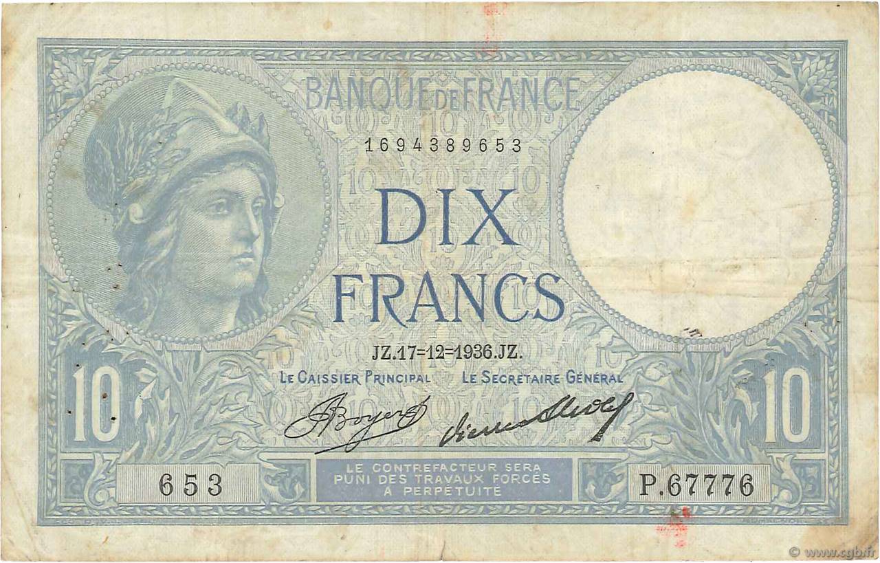 10 Francs MINERVE Numéro radar FRANCE  1936 F.06.17 TB