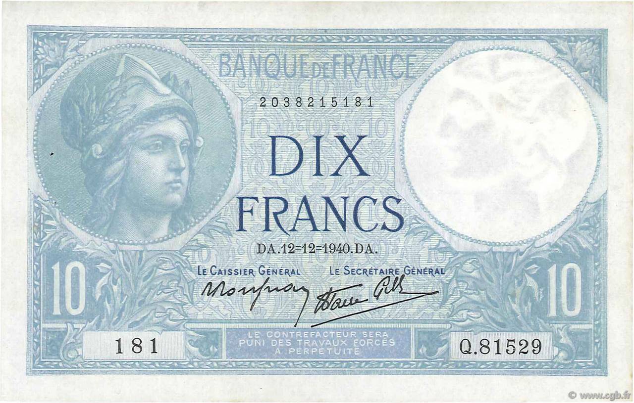 10 Francs MINERVE modifié FRANCE  1940 F.07.24 SUP