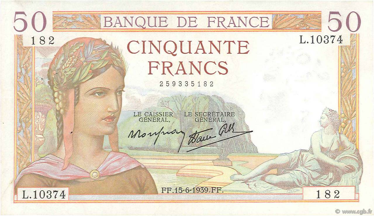 50 Francs CÉRÈS modifié FRANCE  1939 F.18.26 TTB