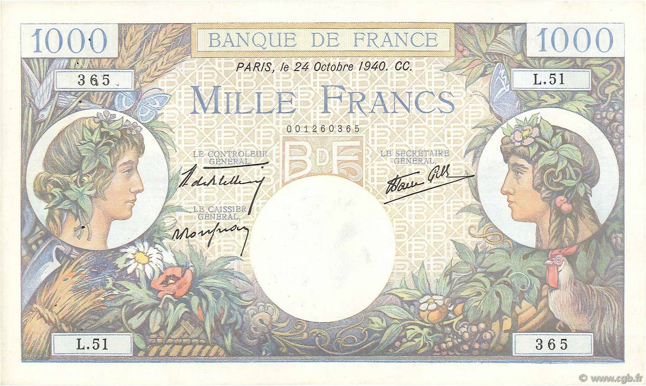 1000 Francs COMMERCE ET INDUSTRIE FRANCE  1940 F.39.01 TTB