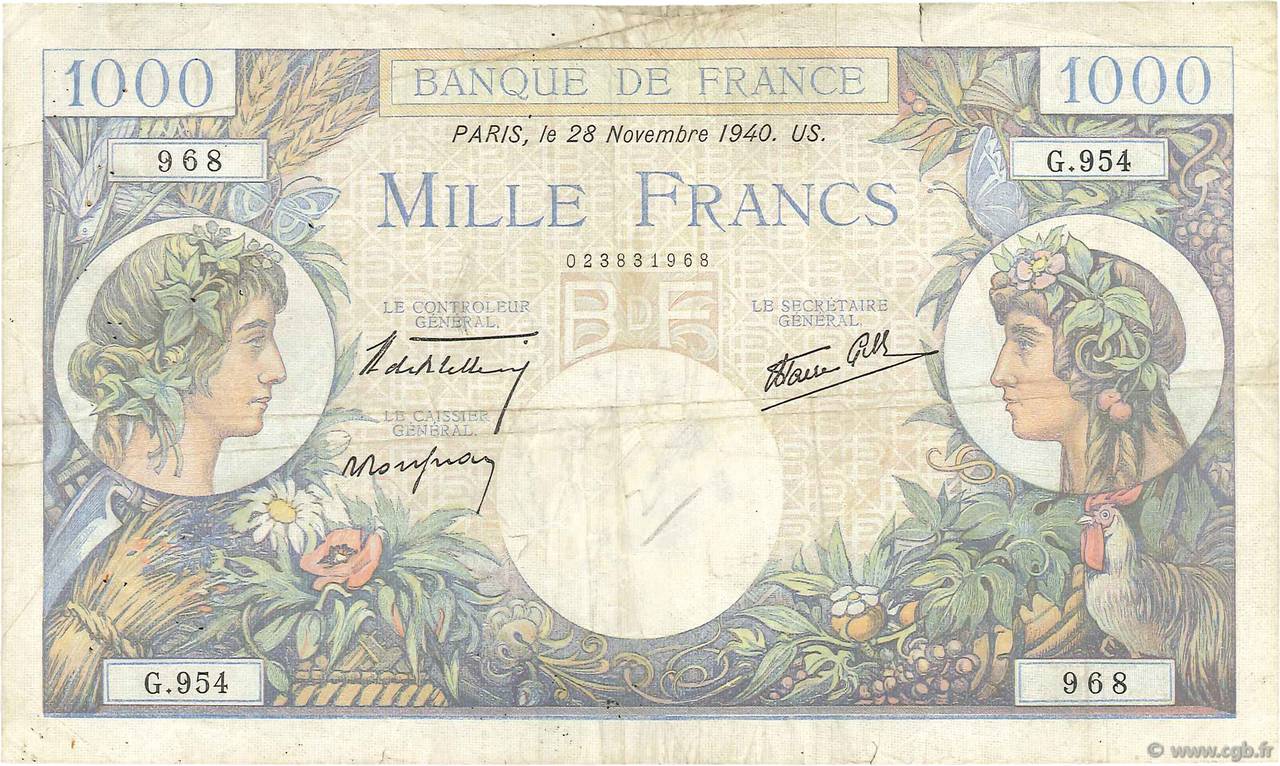 1000 Francs COMMERCE ET INDUSTRIE FRANCE  1940 F.39.02 TB