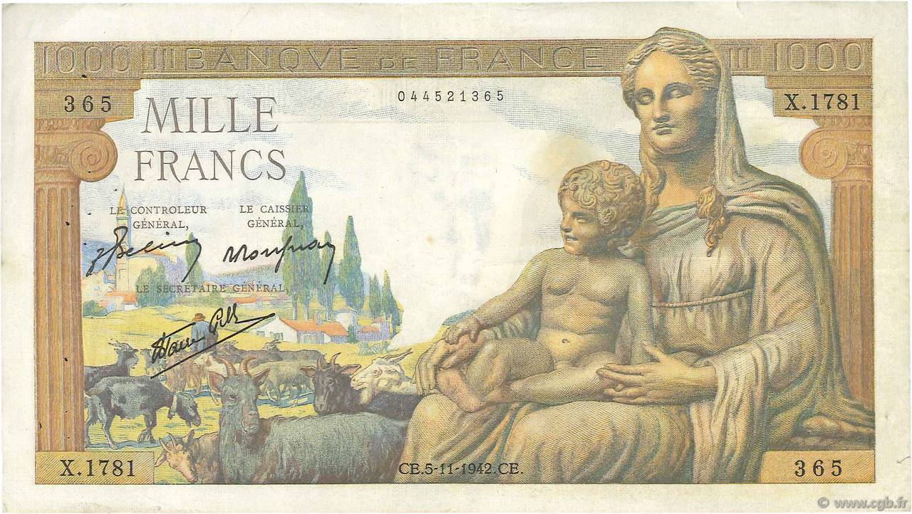 1000 Francs DÉESSE DÉMÉTER FRANCE  1942 F.40.10 TTB