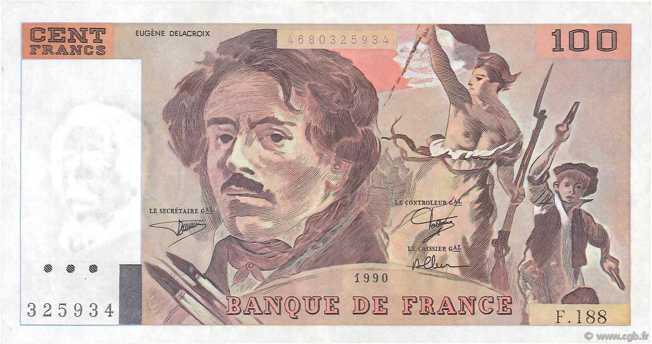 100 Francs DELACROIX imprimé en continu FRANCE  1990 F.69bis.02e1 TTB+