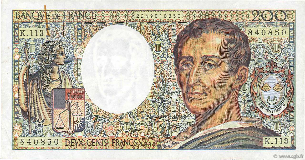 200 Francs MONTESQUIEU FRANCE  1990 F.70.10c pr.TTB