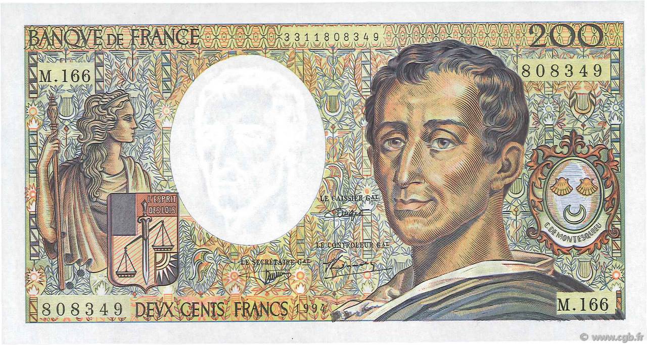 200 Francs MONTESQUIEU Modifié FRANCE  1994 F.70/2.01 pr.NEUF