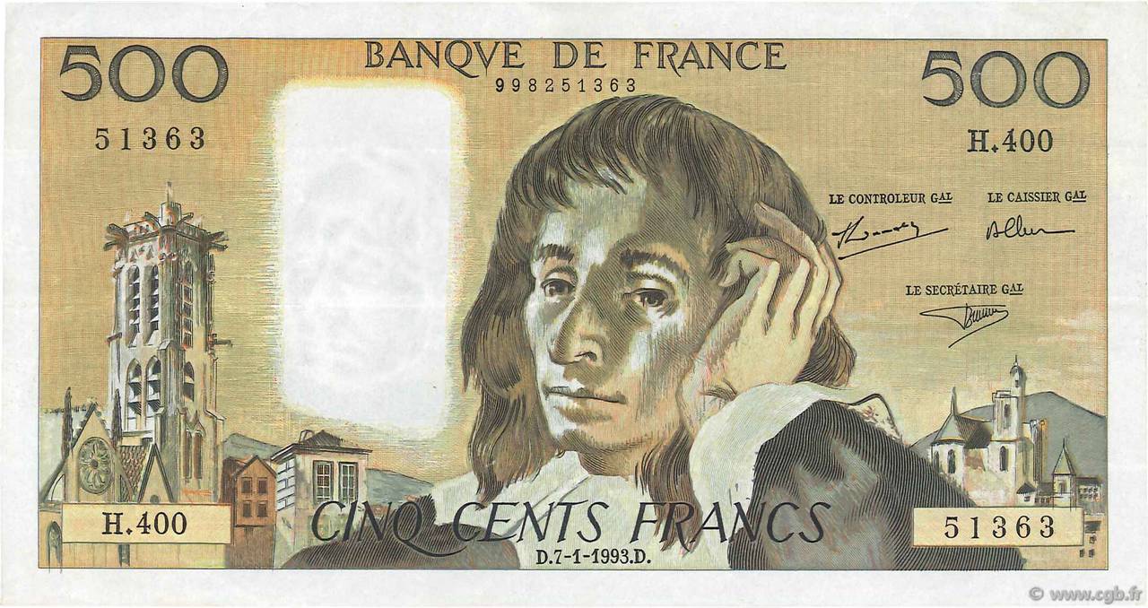 500 Francs PASCAL FRANCE  1993 F.71.51 TTB+