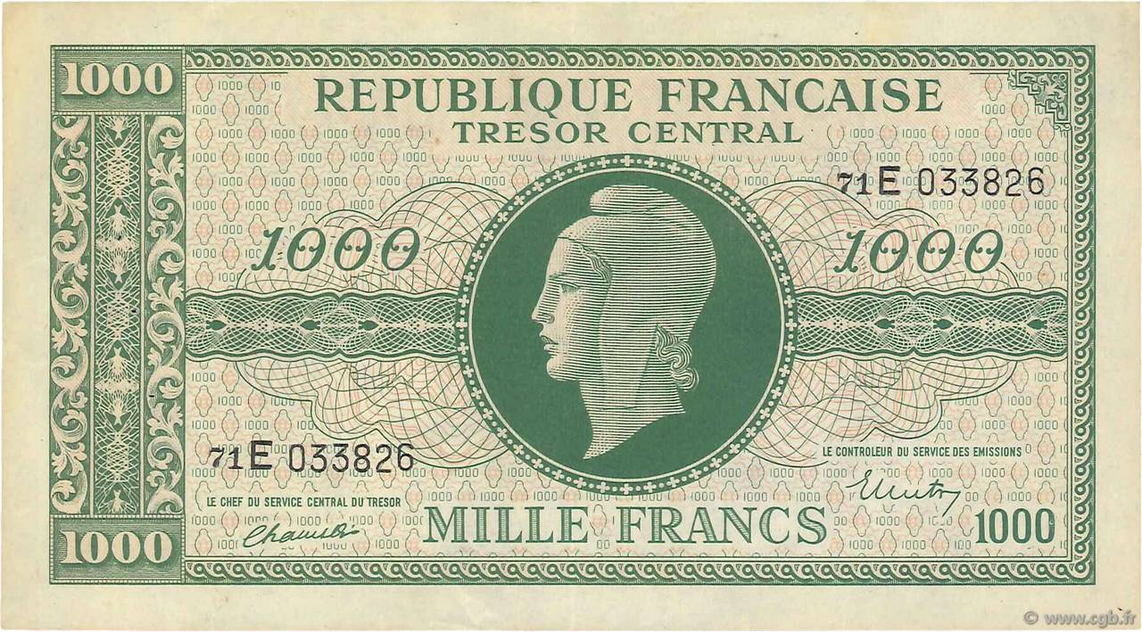 1000 Francs MARIANNE THOMAS DE LA RUE FRANCE  1945 VF.13.02 TTB