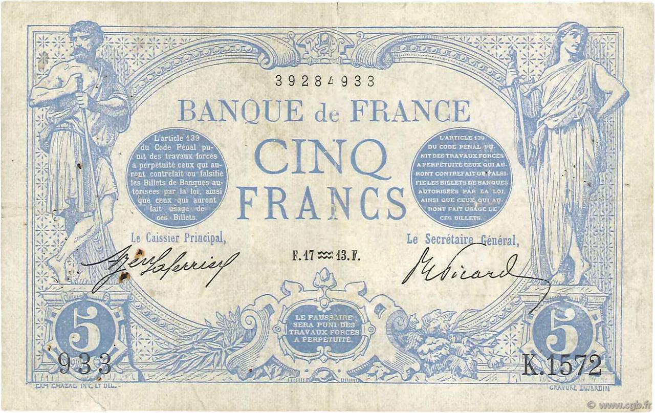 5 Francs BLEU FRANCE  1913 F.02.13 TB