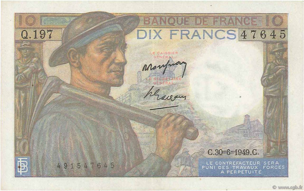 10 Francs MINEUR FRANCE  1949 F.08.22 pr.SUP